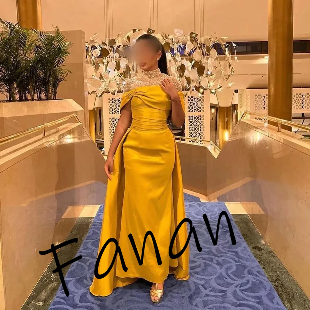 Customized Yipeisha luxury Yellow Satin Evening Dress Off The Shoulder Beading Stone Prom Dress Ankle Length Sweep Train Party F