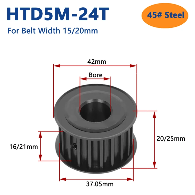 

1pc 24 Teeth HTD5M 45# Steel Timing Pulley HTD 5M 24T Synchronous Wheel for Belt Width 15/20mm Bore 5 6 6.35 8 10 12 12.7-25mm