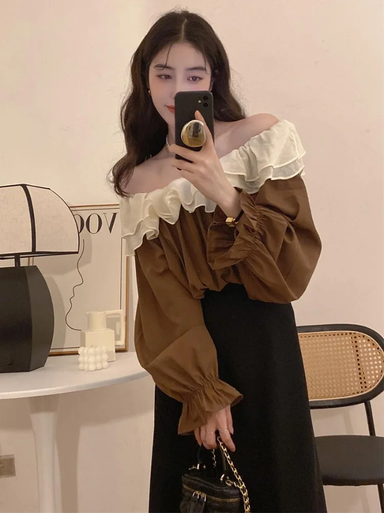 블라우스 여성 패치워크 봄 특별 섹시한 슬래시 넥 루즈핏 여성용 부드럽고 심플한 올매치 한국 스타일 우아한 데일리 캐주얼 신상품