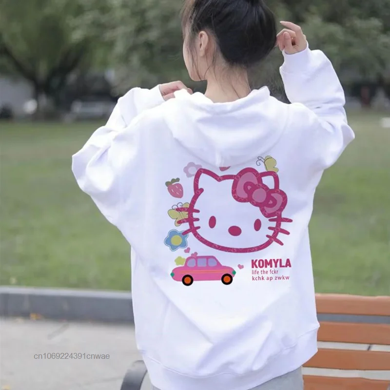 Sanrio Hello Kitty Hoodies Women Kawaii Oversize Zipper Letter Embroidery Sweatshirts Autumn Y2K Long Sleeve Hooded Jackets Tops