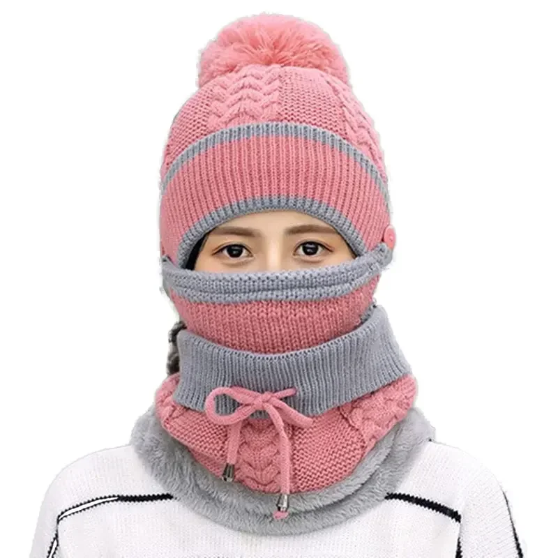 Chapéus de malha femininos de inverno de lã coral adicionar pele quente chapéus de inverno para mulheres com zíper manter o rosto mais quente balaclava pompons boné