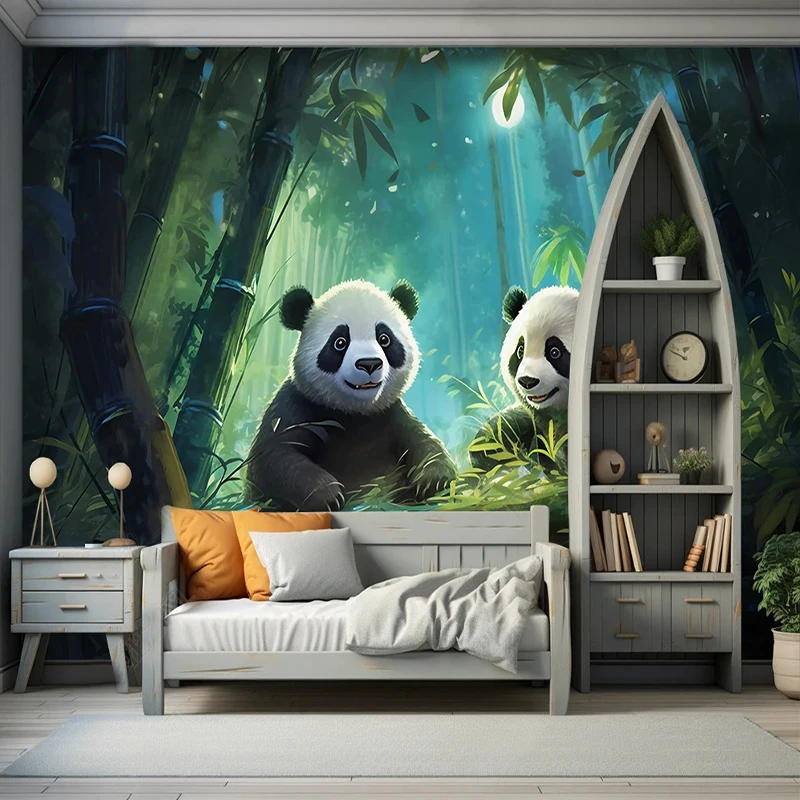 Custom Wall Cloth Cartoon Cute Panda Bamboo Forest Wallpaper Children's Room Background Wall Home Decor Mural Papel De Parede 3D