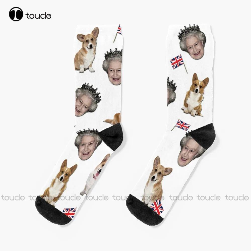 Queen Elizabeth And Corgis Pattern Socks Men'S Socks 360° Digital Print Christmas New Year Gift Creative Funny Socks Halloween