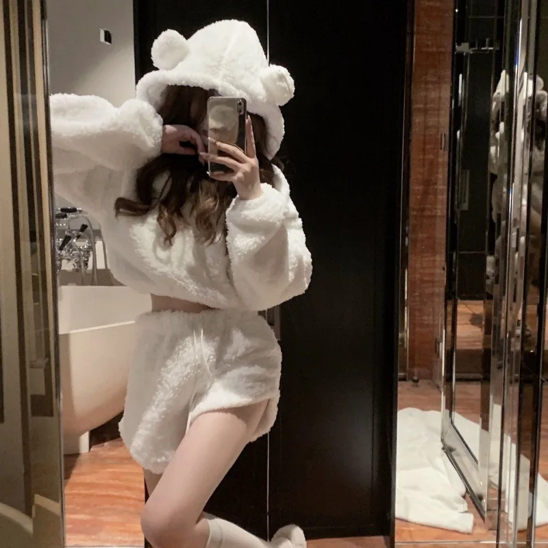 Autumn Winter Women Kawaii Shorts Set Soft Plush Bear Ears Hooded Sweatshirt High Waist Shorts Suit Girls Hoodies 2 Piece Sets
