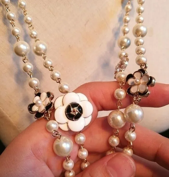 Pearls Beads Chain Necklace Big Camellia Flowers Long Necklaces Gift