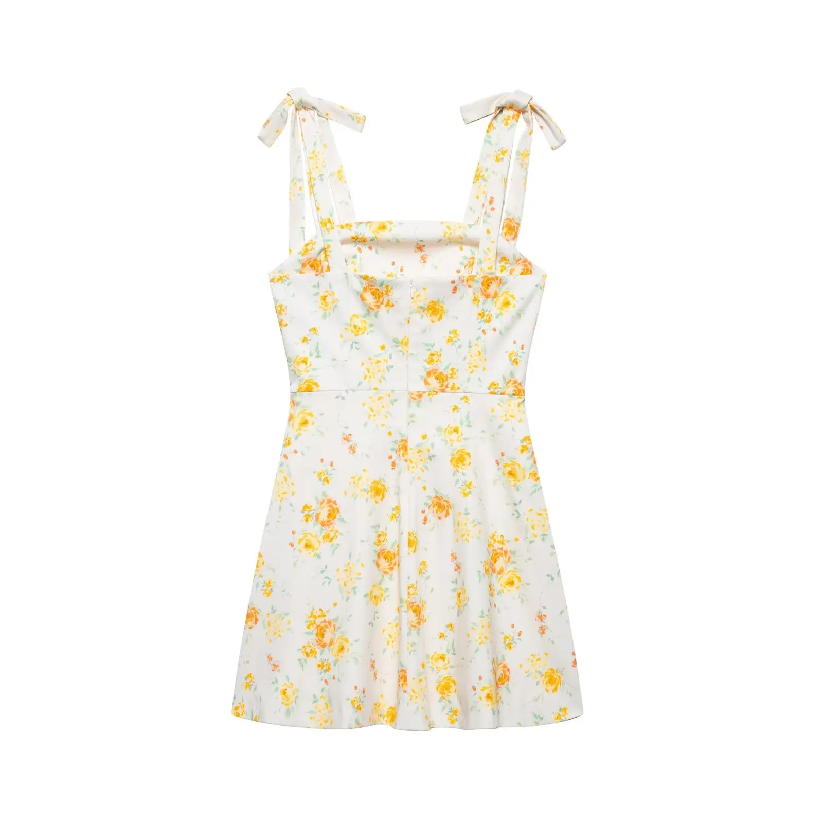 Women's new fashion bow shoulder strap decoration flower print poplin mini dress retro sleeveless backless women's dress