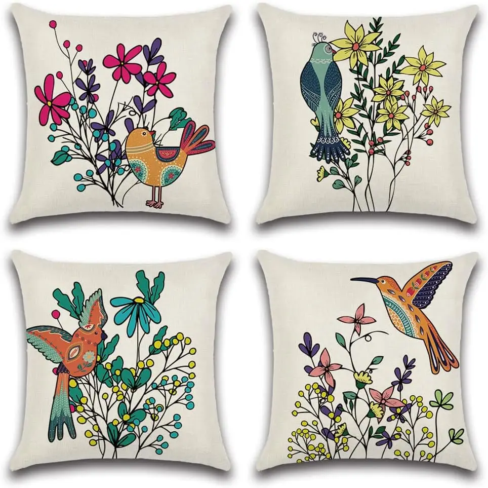 textile bird pattern throw pillows covers,  cushion covers for outdoor balcony, terrace, patio, garden, farmhouse decor