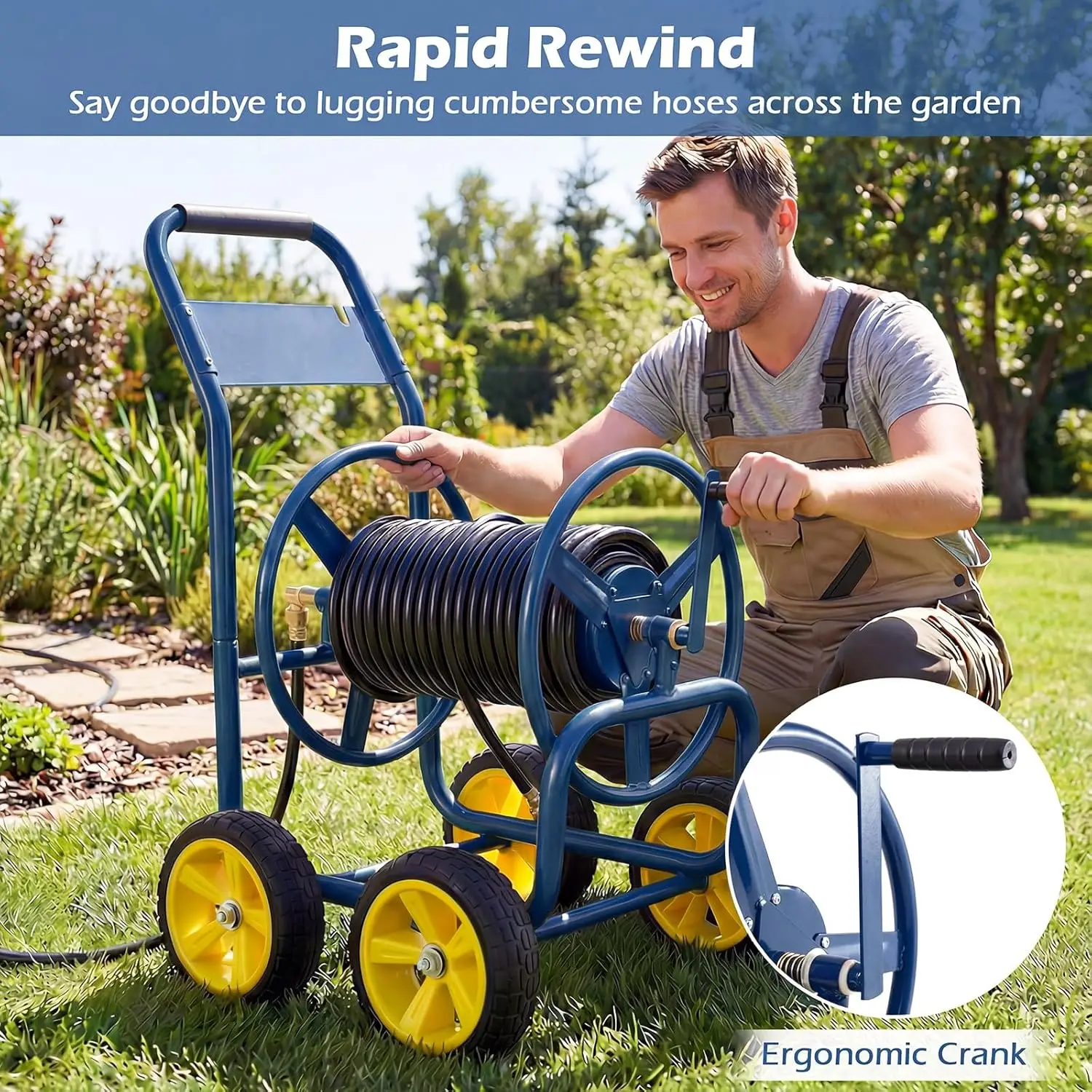 Mobile Garden Hose Reel Cart, Heavy Duty Metal Frame Water Hose Roller Organizer With Four Solid Wheels, High Capacity Outside Watering Winder For Yard Lawn Patio Garage, Navy Blue - view 6