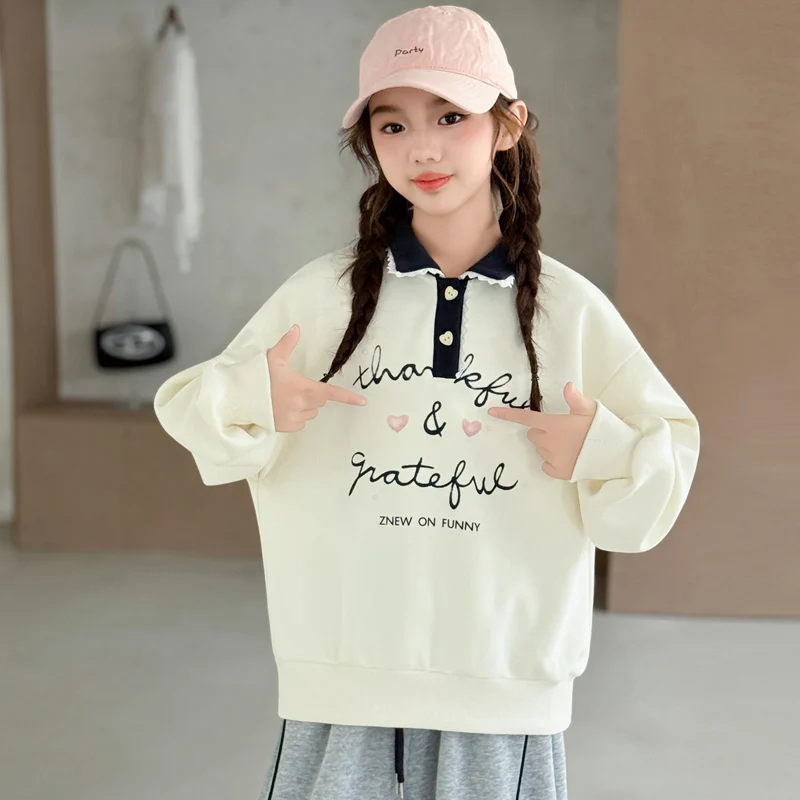 

Girls Autumn Turn Down Collar Sweatshirts Long Sleeve Polo Shirts for Kids Fashion Children Pullover Teenager School Outfits