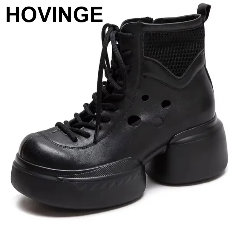 

2025 6cm Women Boots Chunky Heels Natural Genuine Leather Ankle ZIP Breathable Rubber Soled Summer Ladies Hollow Sandals