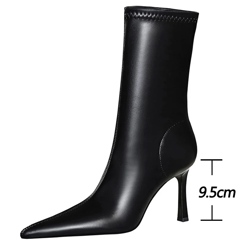 BIGTREE Shoes Sexy Mid-Calf Boots Plush Warm Winter Boots Leather Shoes Stilettos High Heel Boots Pointed Women Boots Fashion