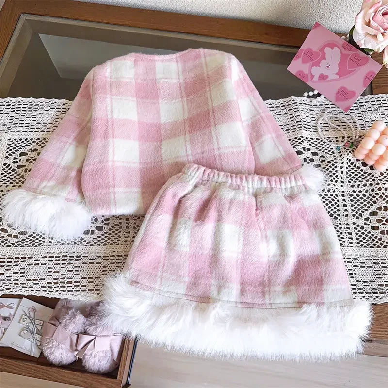 24 Niña Elegant Girls Baby Autumn Winter Clothing Set Beautiful Pink Plaid Coats+Skirts ,fashion Fake Fur Kids Children Overwear