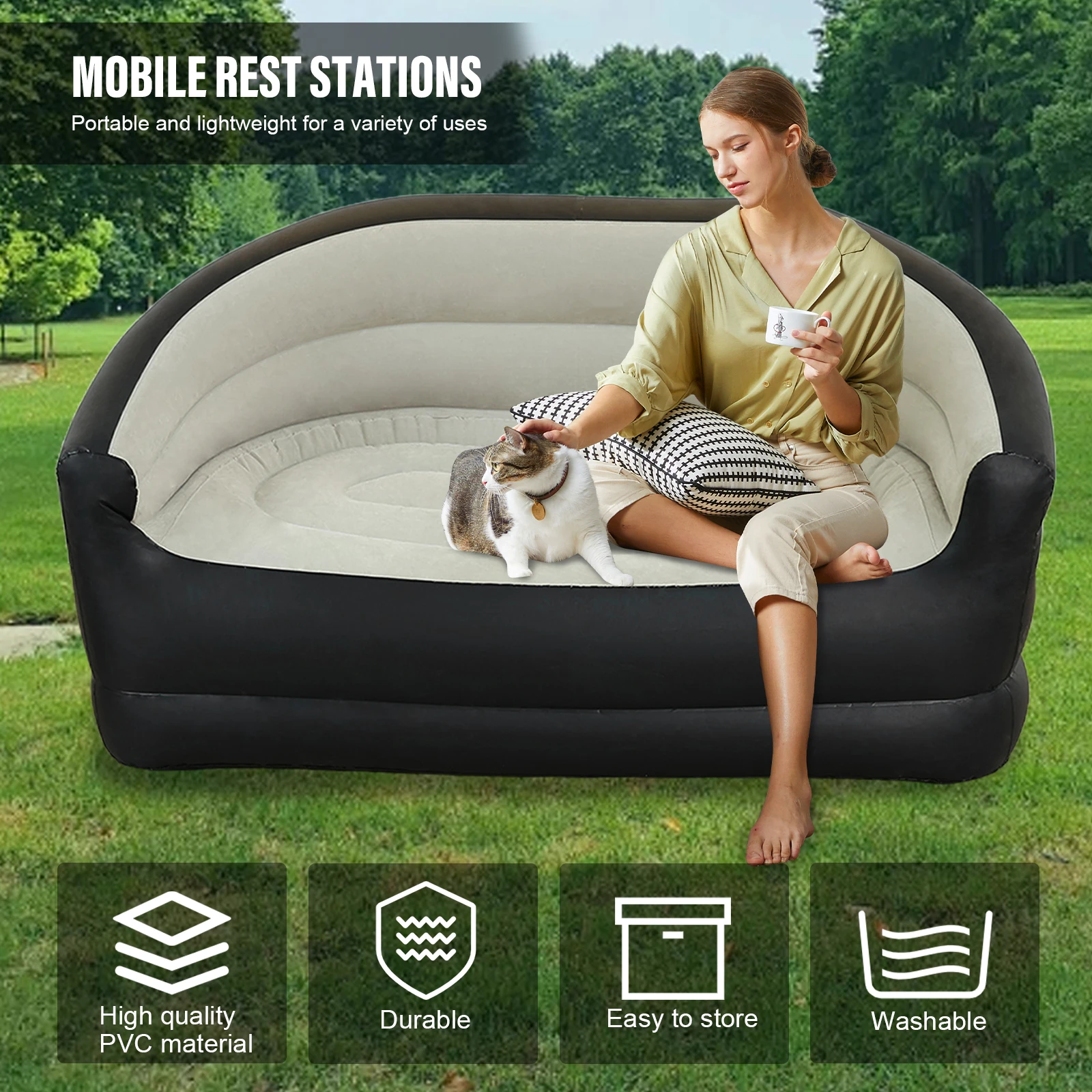 Double Outdoor Inflatable Sofa with Air Pump Air Sofa Bed PVC Comfortable Lounger for Living Reading Room Bedroom Office Balcony