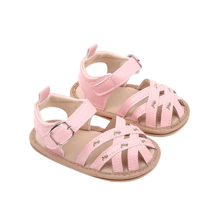 

Toddler Baby Girls Summer Sandals Closed-Toe Floral Embroidery Flats Newborn First Walkers Crib Children's Shoes