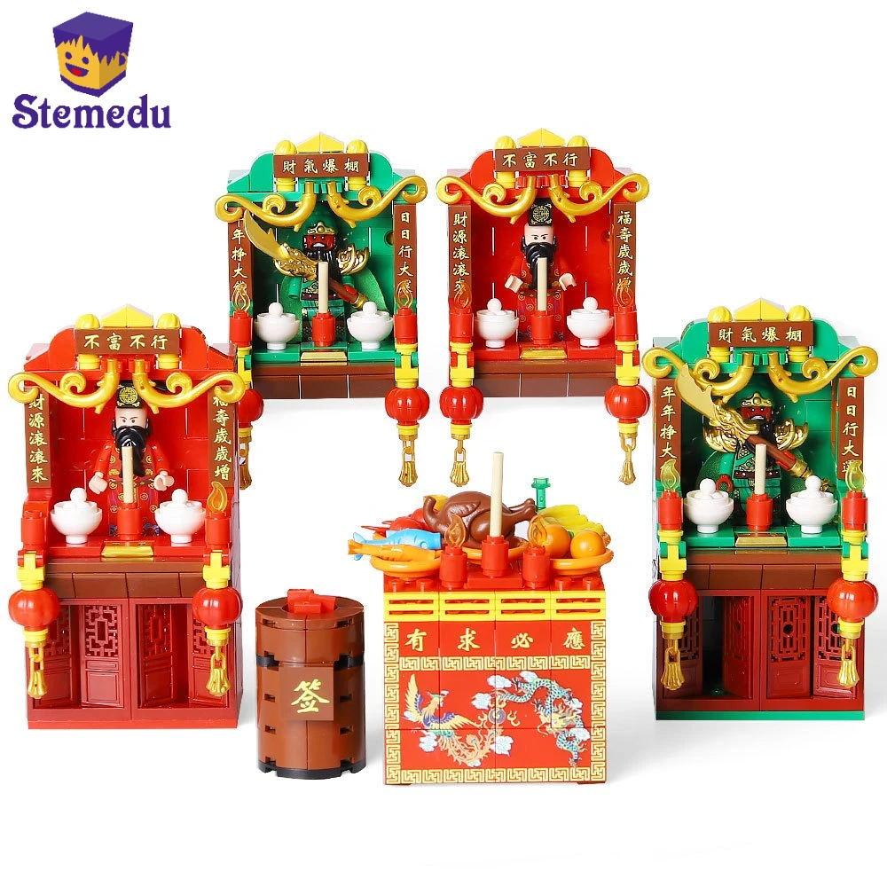 

Lucky Wealth God Model Building Blocks MOC Chinese Traditional Set with Fortune-Pulling Shrine Divination Tube for Home Decor