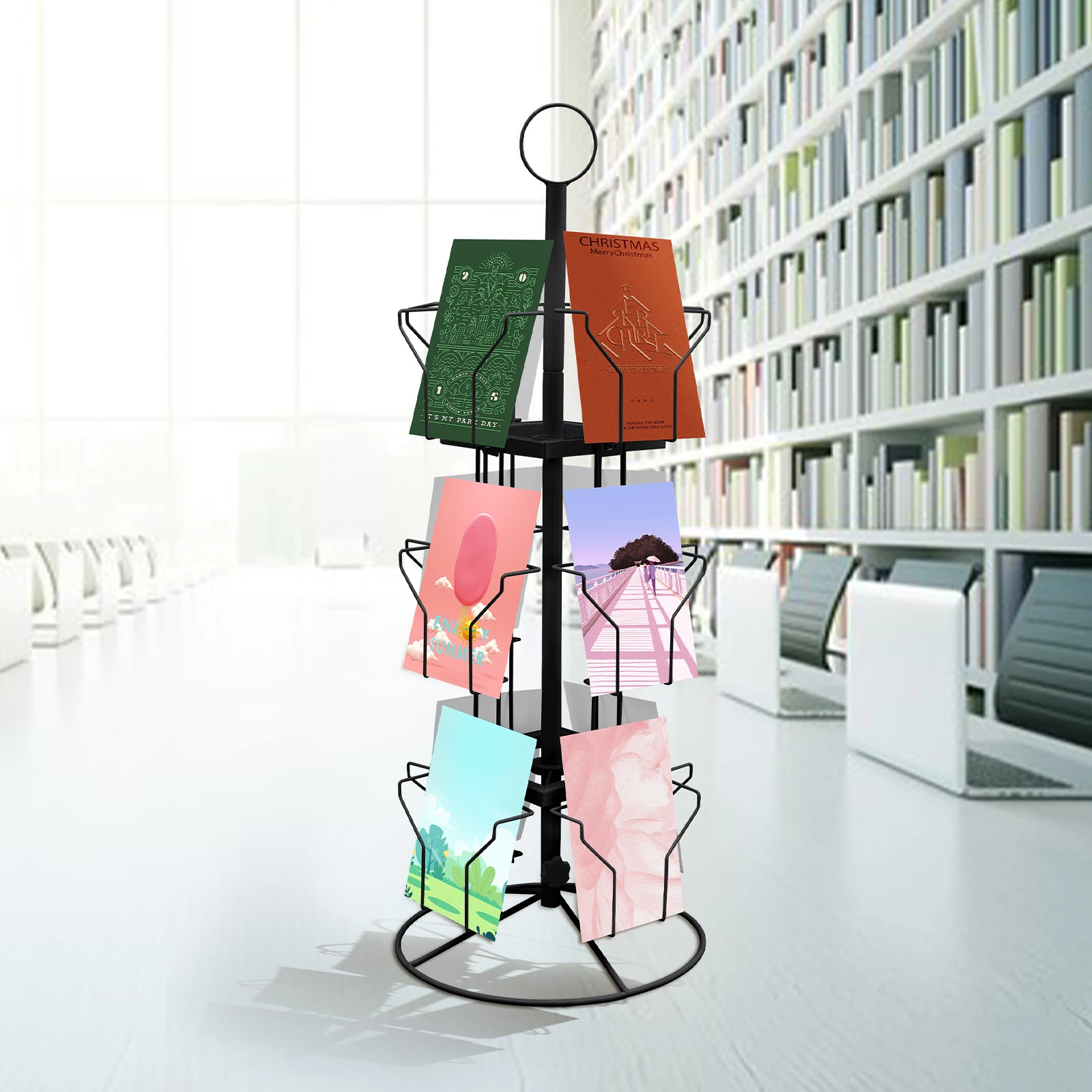 Zwart Koudgewalst staal Drielaags roterende wenskaarthouder 12-bit displayhouder 360 graden roterende kaartdisplayhouder