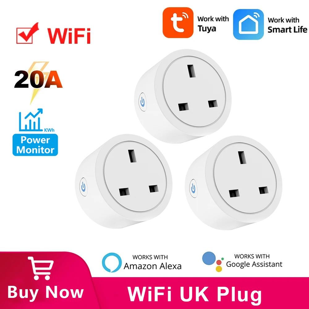 

Tuya WiFi 20A UK Smart Plug Mini Power Monitor Socket Remote Voice App Control Timing Smart Home Works With Alexa Google Home