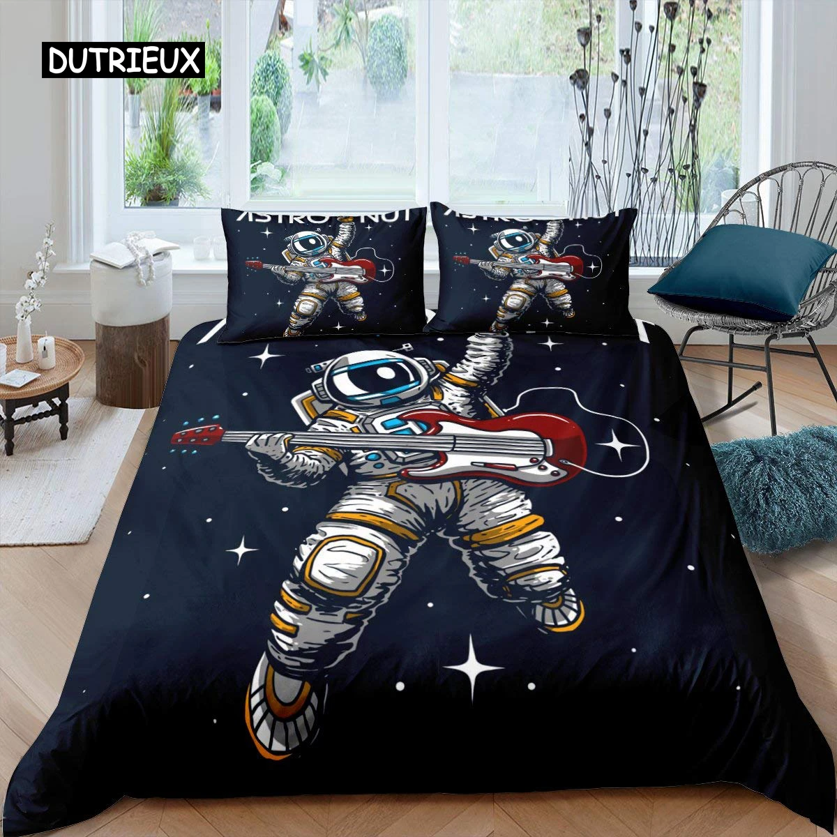 

Astronaut Duvet Cover Set Astronaut Playing Guitar Bedding Set Teen Boys Kids Galaxy Stars Outer Space Polyester Comforter Cover