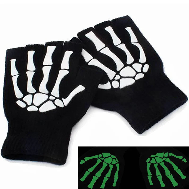 Adult Kid Luminous Gloves Halloween Bone Skeleton Head Gag Half Finger Mitten Winter Warm Fitness Cycling Glove Glow In The Dark