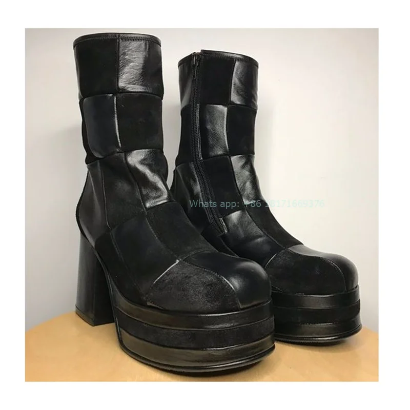 

Watchwork Leather Platform Cute Mid-calf Boots Women Round Toe Sexy Chunky High Heel Boots Design Lady Shoes Black Zip ROME 2024