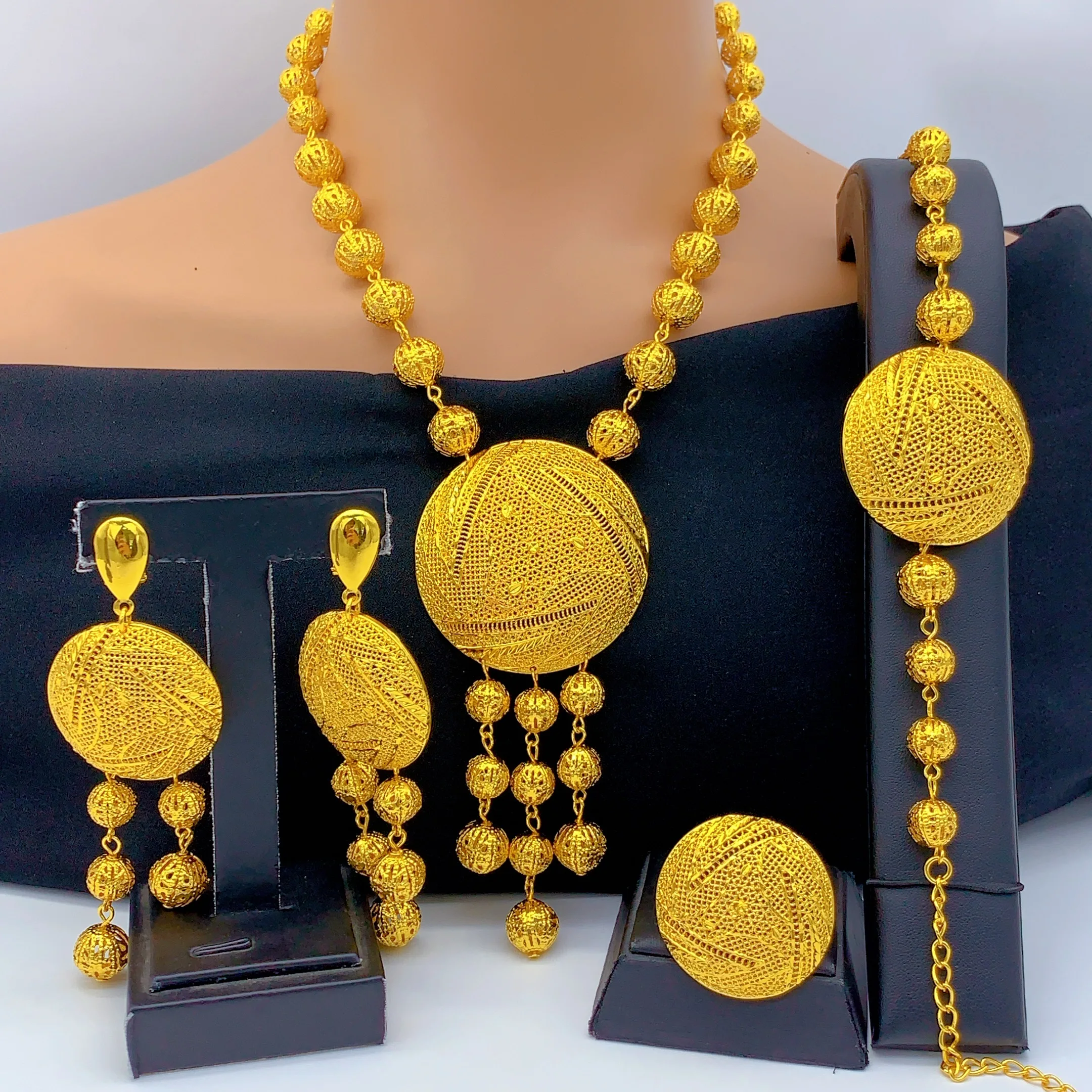 Dubai Lange Halskette Ohrringe Schmucksets für Damen Perlen-Design 24K Vergoldete Hochzeitsarmbänder Indische Ringe Brautgeschenk – Detail 1