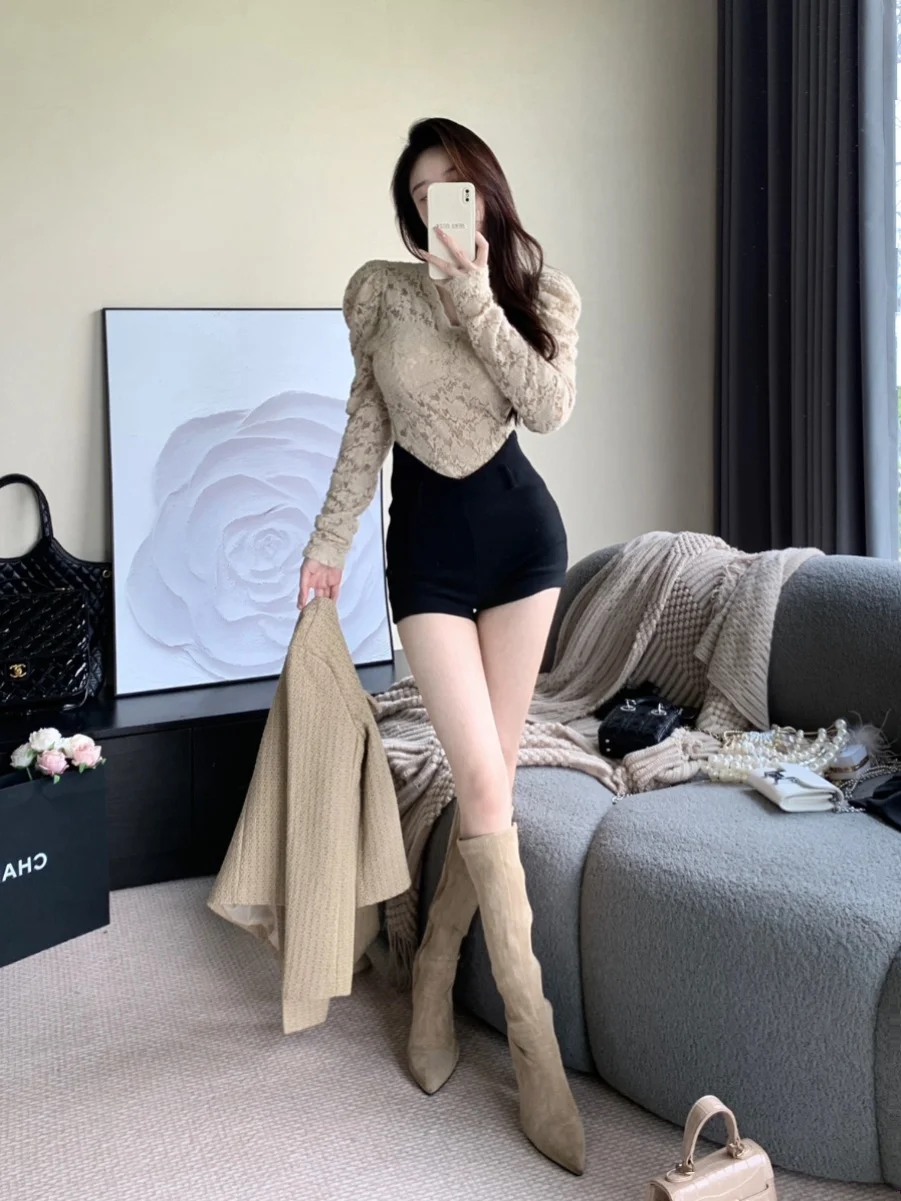 

Ele Long Sve Lace See-tough Sensation Inner Wear Top High-end Lady Fraance Sle Pear ape Suitable Beloved Gold ...