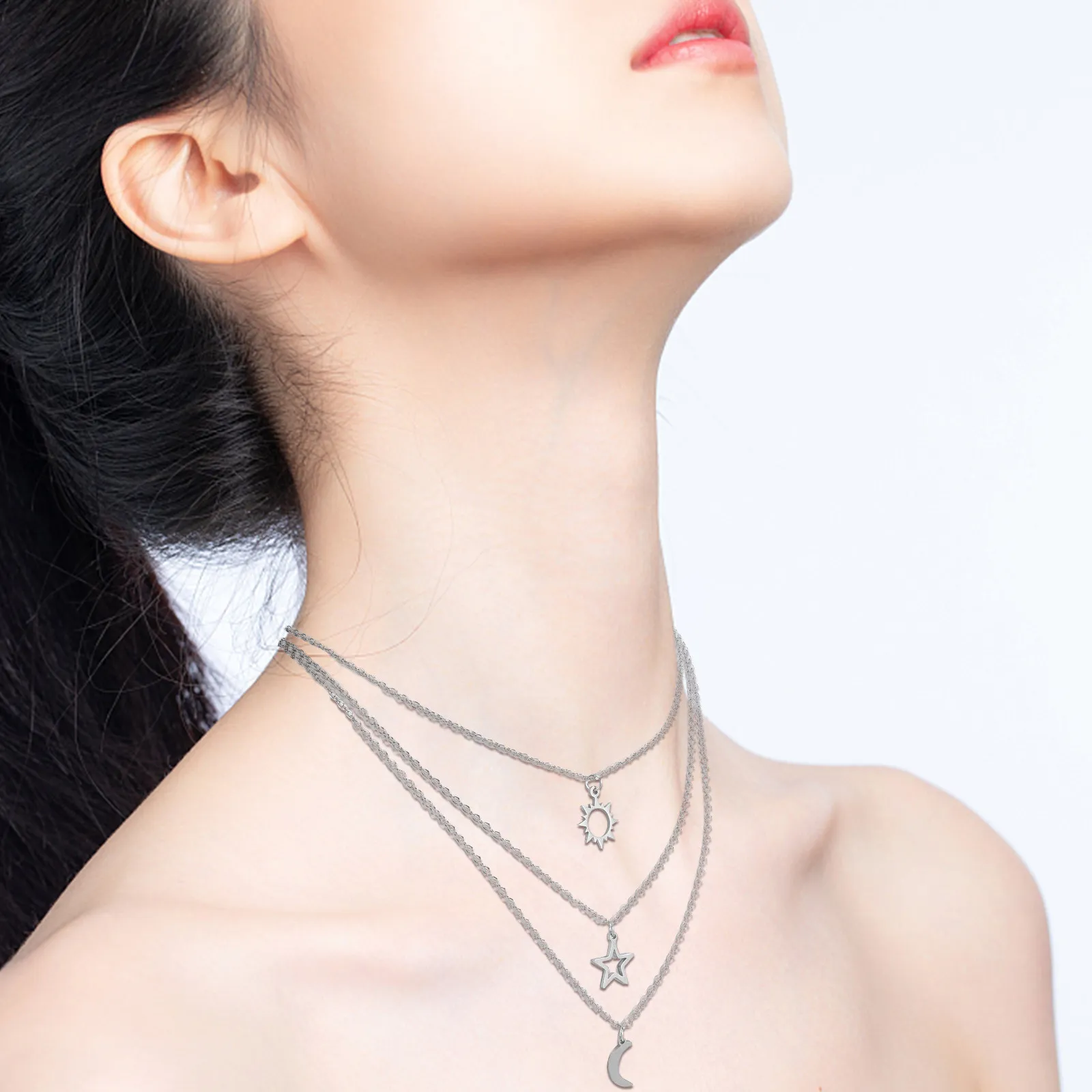 3Pcs Sun Moon Star Clavicle Necklace Set Stainless Steel Skin Friendly Elegant Fashion Jewelry for Daily Wear Outfit Matching