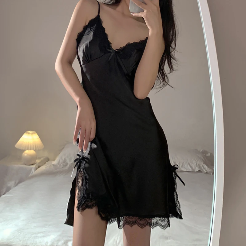 Nightdresses Women Sexy Halter Lace V-neck Sleepwear Female Sleeveless Nightwear Hot Erotic Sleep Nightdress For Ladies