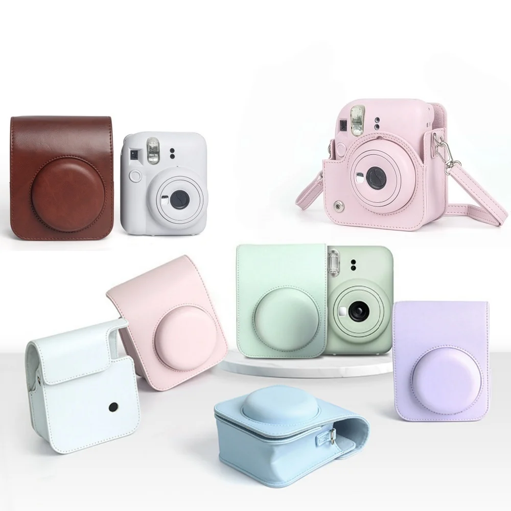 PU Leather Solid Color Protective Case Cover Camera Bag For Fujifilm Film Instax Mini 12 Instant Camera With Shoulder Strap
