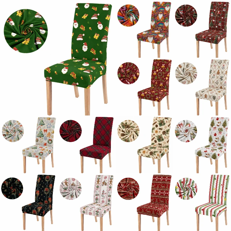 4Pcs Christmas Stretch Chair Slipcover Santa Claus Merry Christmas Print High Back Dining Chair Cover For Xmas Holiday Party