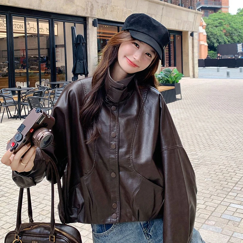 Women Faux Leather Jacket Stand Collar Snap Button Coat Oversized Drop Shoulder Bomber Y2K Retro Streetwear Autumn Outerwear Top