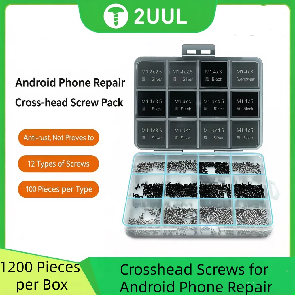 2UUL SpareScrew12 1200Pcs 12 Types Phillips Screws for Android Phone Repair, Anti-rust Stainless Steel Crosshead Screw Kit