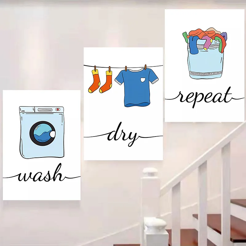 Modern Cute Laundry Room Art Decorative Poster Prints Wash Dry Fold Repeat Sign Pattern Canvas Picture Simple Home Wall Decor