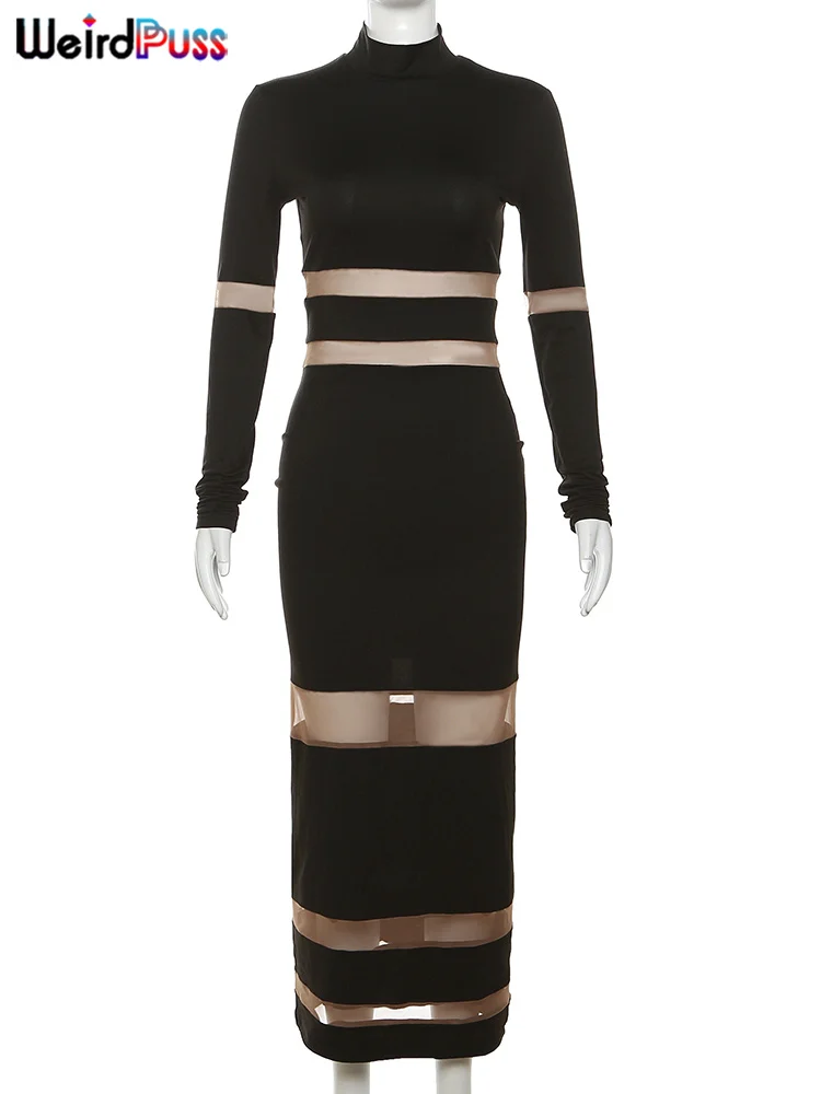 이상한 Puss 메쉬 패치 워크 여성 맥시 드레스 O 넥을 통해 볼 전체 슬리브 우아한 Bodycon 숙녀 저녁 파티 댄스 파티 드레스