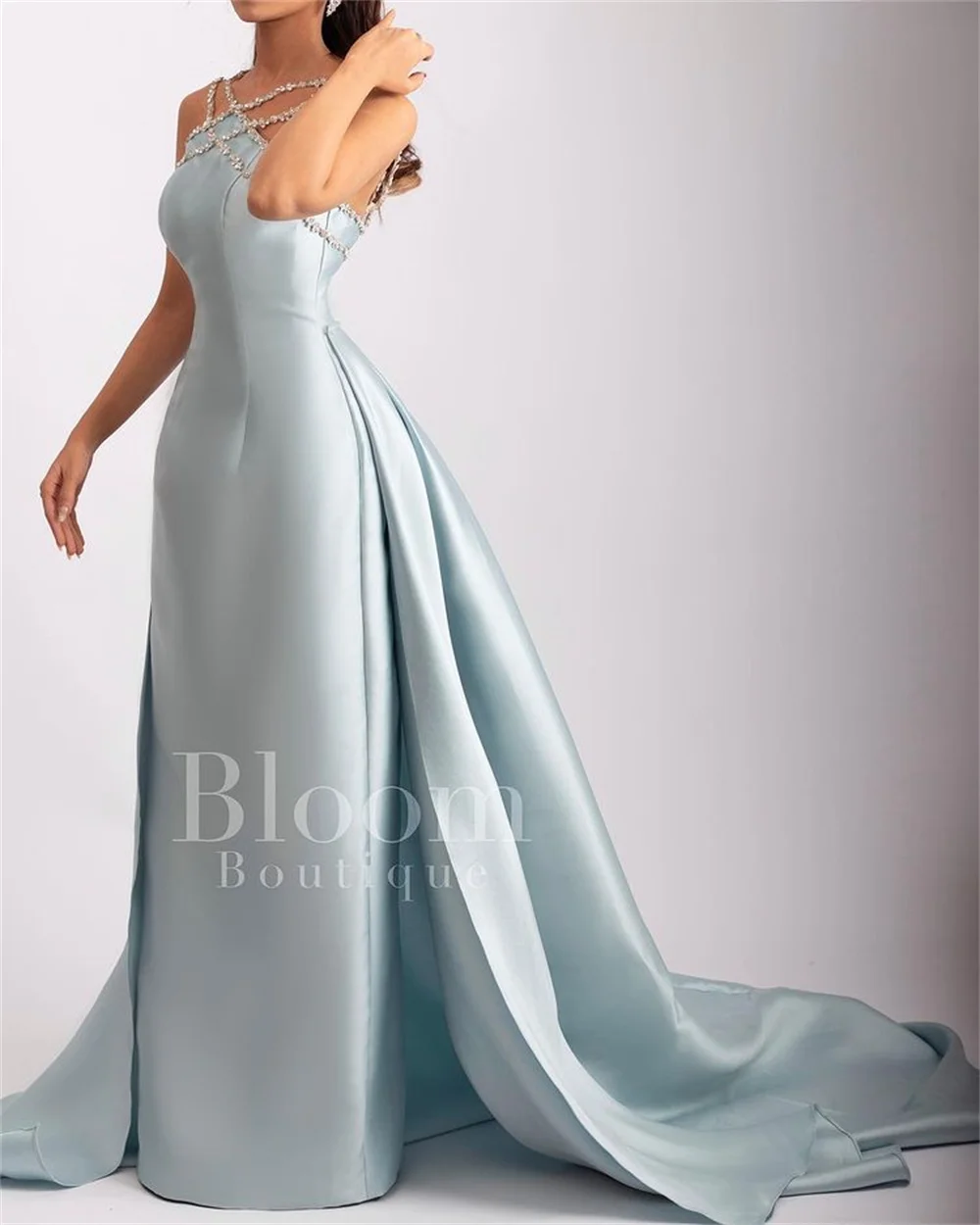 Bella Light Blue Robes De Soirée Halter Neck Mermaid Detachable Train Prom Dresses Sleeveless Floor-length Wedding Dress 2024