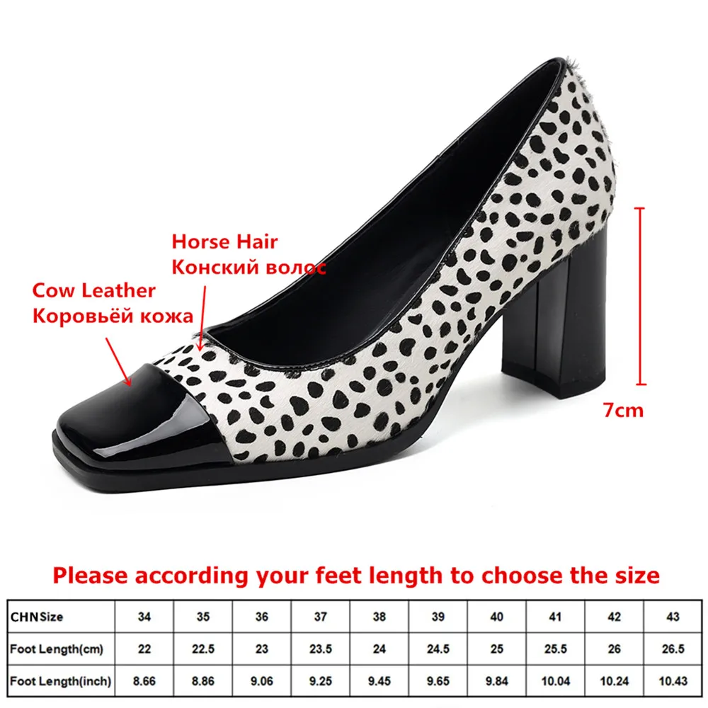 MILI-MIYA New Women’s Square-Toed High Heels With a Chunky Heel In a Combination Of Spotted Cowhide And Horsehair Career&Office