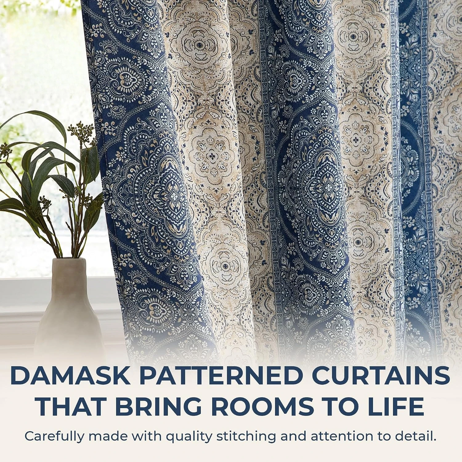 Navy-Blue 2-Panel 96-Inch William Boho Damask Stripe Curtains, 52 × 96 Inches, Back-Tab & Rod-Pocket Header, Light-Blocking Drapes for Bedrooms