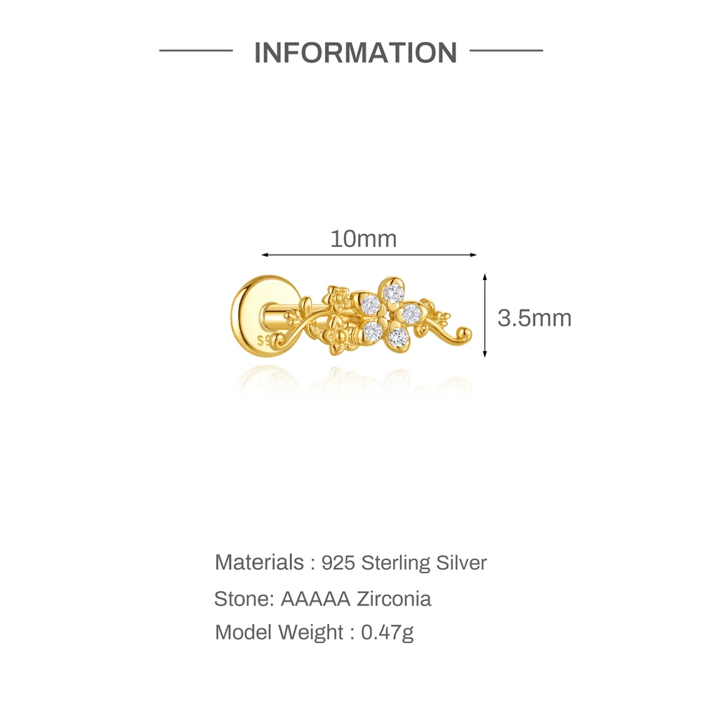 AIDE 925 Sterling Silber Fünfblättrige Blume Pferdeaugen CA Zirkon für Damen Knorpel Helix Flachrücken Piercing Ohrring Party Geschenke – Detail 26