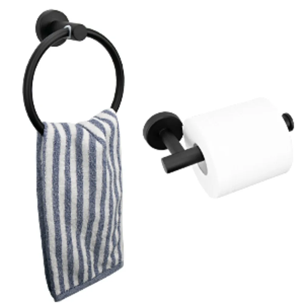 

2-piece Stainless Steel Bathroom Accessories Set Including Black Toilet Paper Holder and Black Towel Ring Wall Mounted