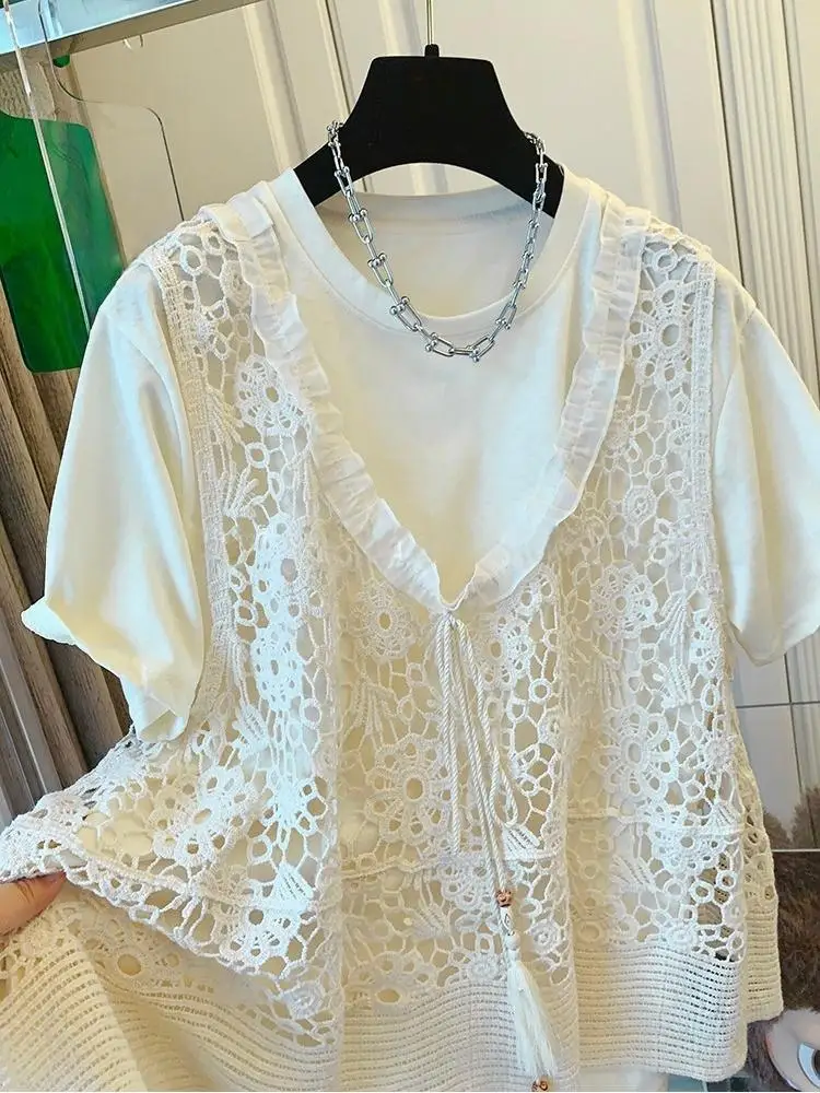 Summer Women Unique French Hollow Out Lace Crochet Vest Short Sleeve T-Shirt Two Piece Set Casual Fashion Tops