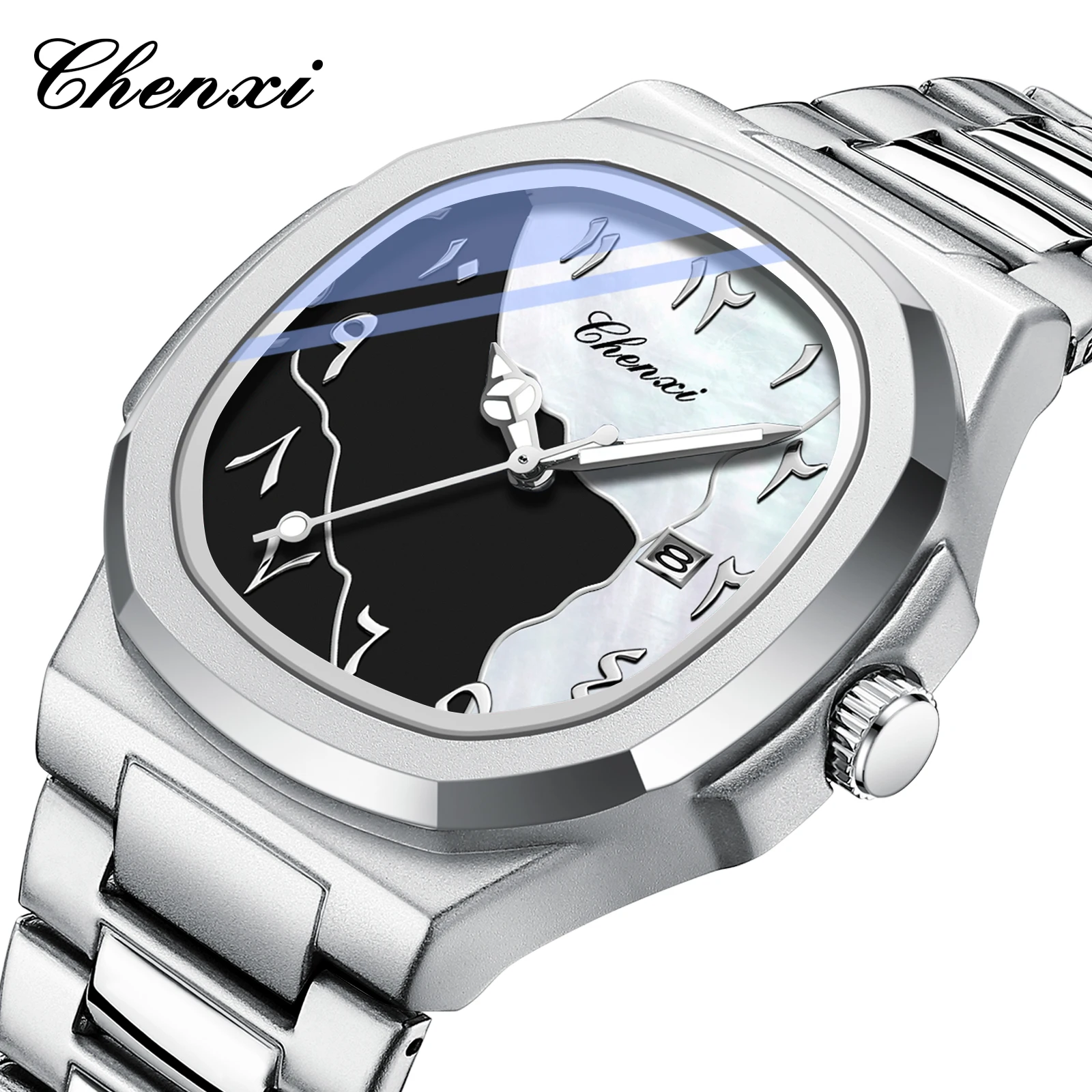 CHENXI นาฬิกาแบรนด์หรูสำหรับผู้ชาย นาฬิกาข้อมือผู้ชายแฟชั่นเรียบง่าย สายเหล็ก ควอตซ์ กันน้ำ แสดงวันที่เรืองแสง
