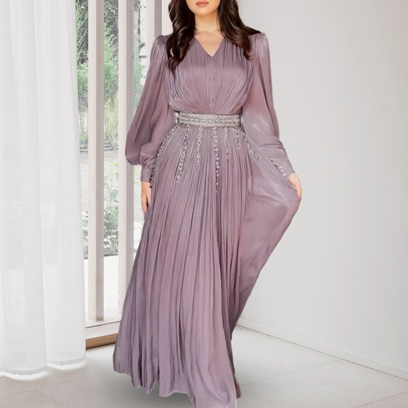 Frauen Mode Uhr Langarm Chiffon Gerade Lange Maxi Robe Kleid 2025, Straße Vintage Kleider Vestidos