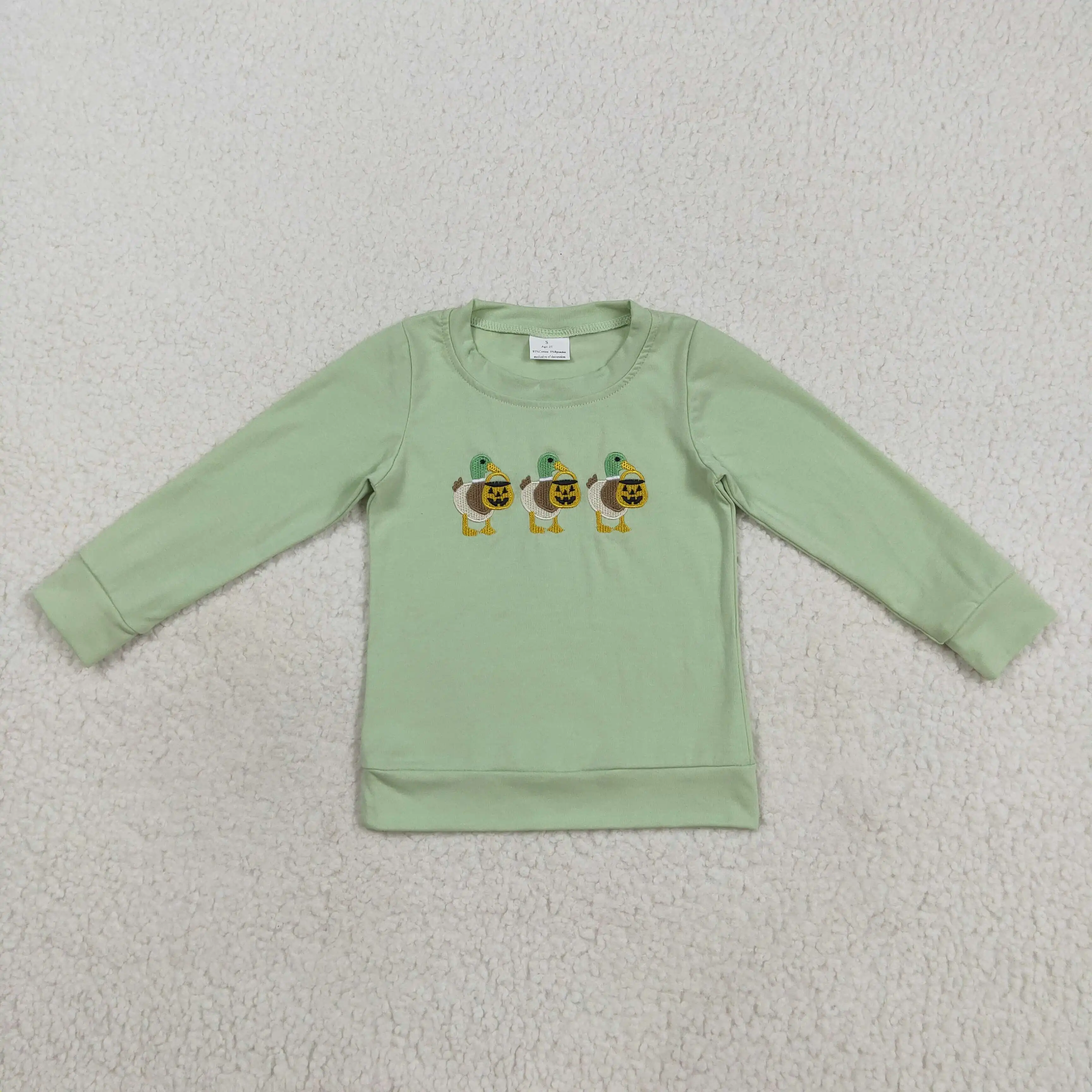 

Long sleeve baby boy top Winter boys' tops wholesale boutique embroidery Halloween lantern duck pattern green