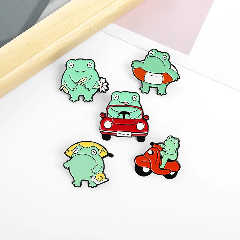 Fun Frog Enamel Pins Custom Froggy Car Swimming Pool Plant Brooch Lapel Badge Bag Cartoon Animal Jewelry Gift for Kids Friends
