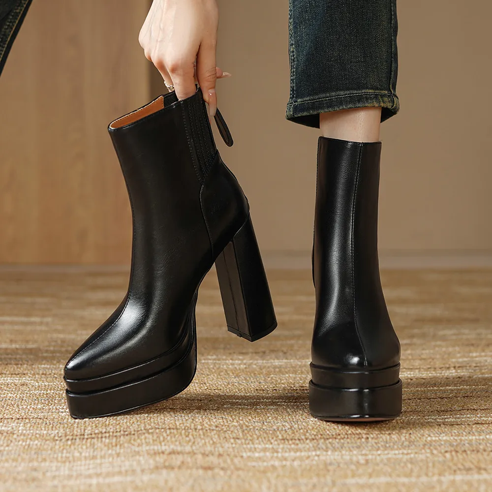 Aucegi Black Brown Platform Thick High Heels Ankle Boots Women Autumn Winter New Arrival Luxury Pointed Toe Side Zip Footwear