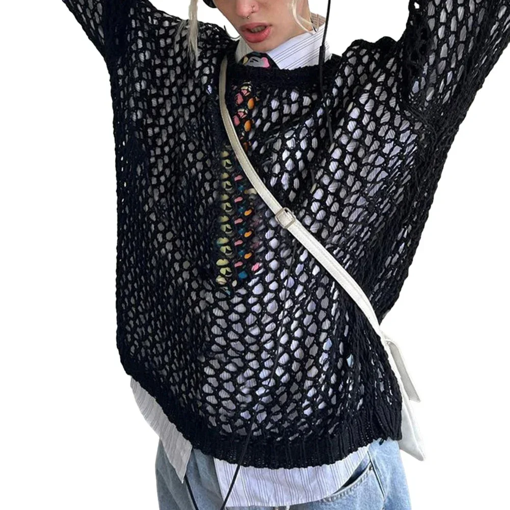 Sweater Top O-Neck Oversized Polyester Regular Streetwear Summer Women Cover Up Crochet Fishnet Beach Daily Holiday