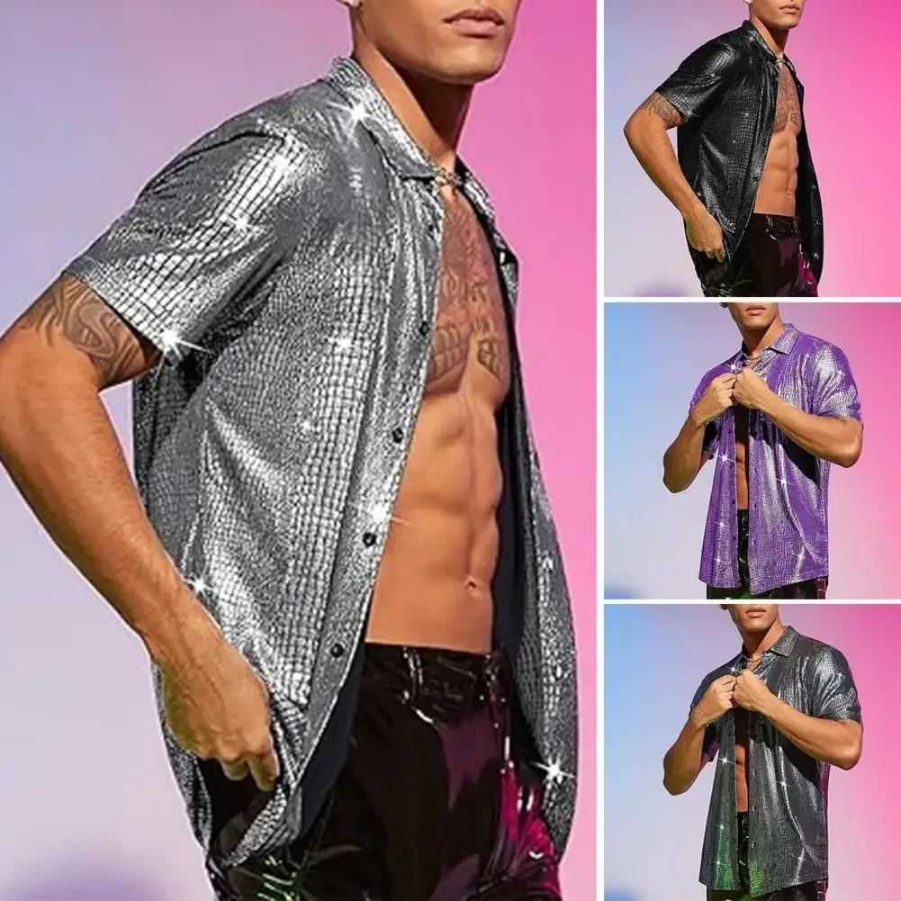 Men Party Shirt Shiny Surface Men's Performance Shirt with Turn-down Collar Long Sleeves for Club Party Disco Stage Show