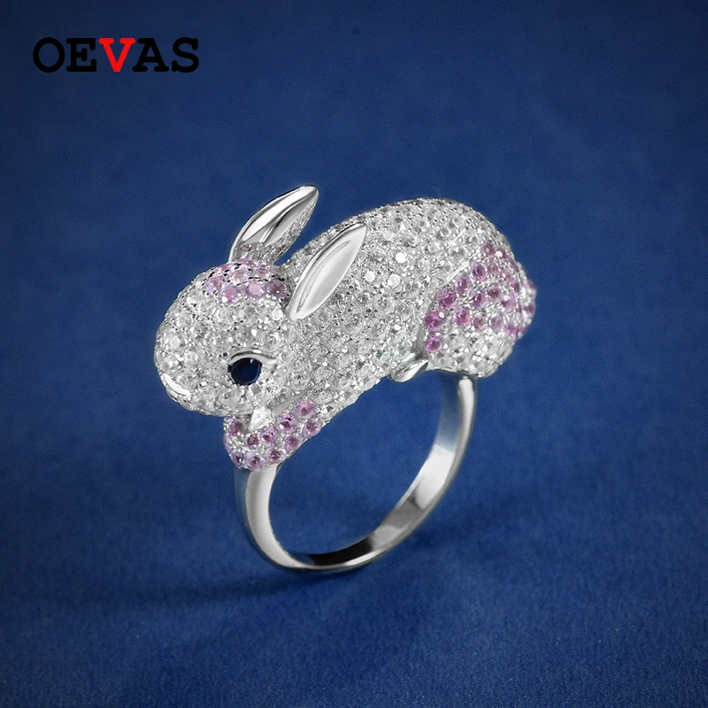 

OEVAS 100% 925 Sterling Silver Sparkling Pink Corundum 1.5MM High Carbon Diamond Rubbit Rings For Women Party Fine Jewelry Gift