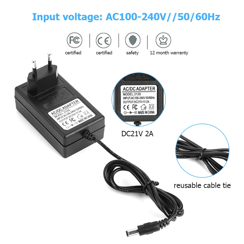 Cargador adaptador de fuente de alimentación con enchufe DC21V 2A para adaptador de corriente de batería de iones de litio 18,5-21V 18650 herramienta convertidora de voltaje estabilizada