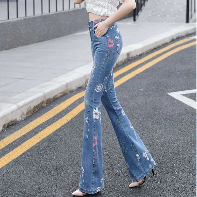 Temperament Elastic Force Women's Jeans 2024 Spring Autumn Summer High-Waisted Slim Patchwork Fashion Printing Women's Pants H31